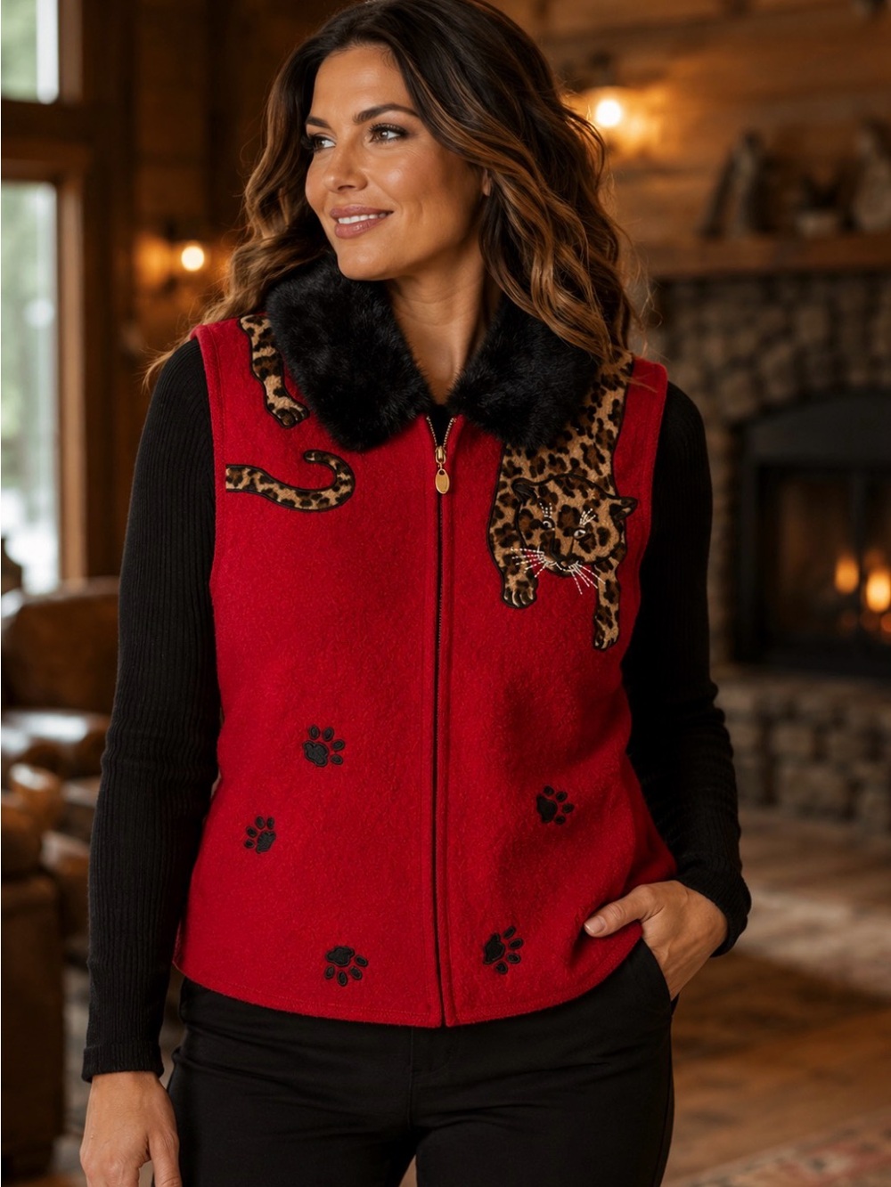 Lisa International Woman 1X Boiled Wool Leopard Cat Vest Faux Fur Collar Red